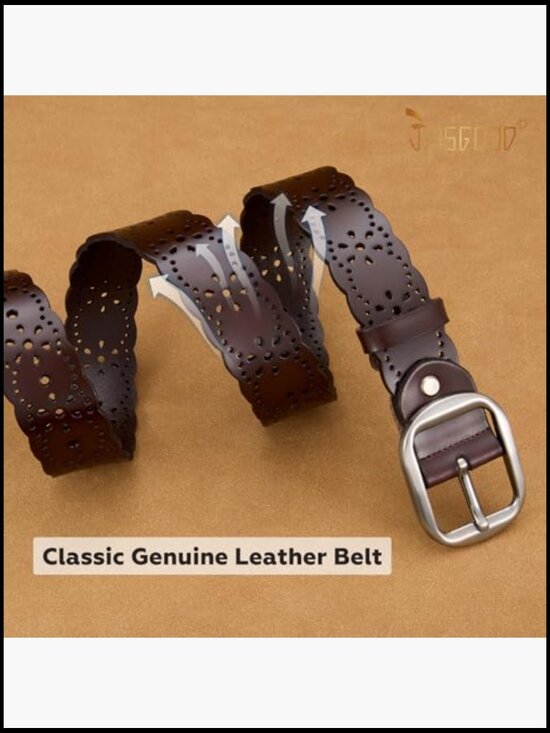 Genuine Leather Women\'s Wide Belt with Hollow Flower Design
